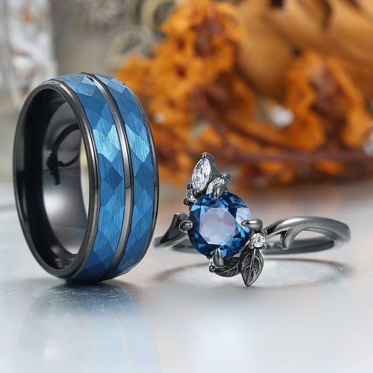 Dainty London Blue Topaz Engagement Couple Rings Blue Personalized Couples' Set Marriage Ring