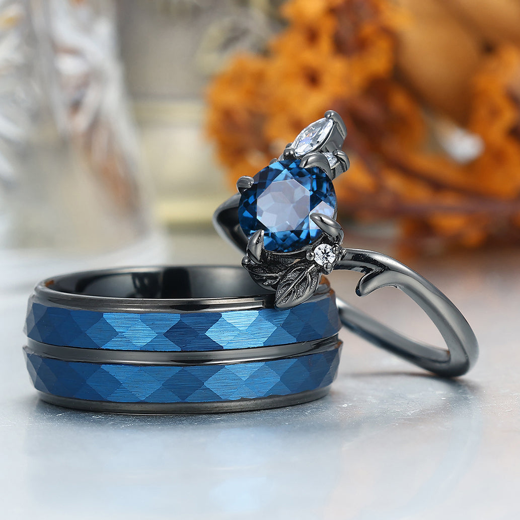 Dainty London Blue Topaz Engagement Couple Rings Blue Personalized Couples' Set Marriage Ring