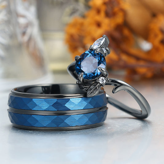 Dainty London Blue Topaz Engagement Couple Rings Blue Personalized Couples' Set Marriage Ring