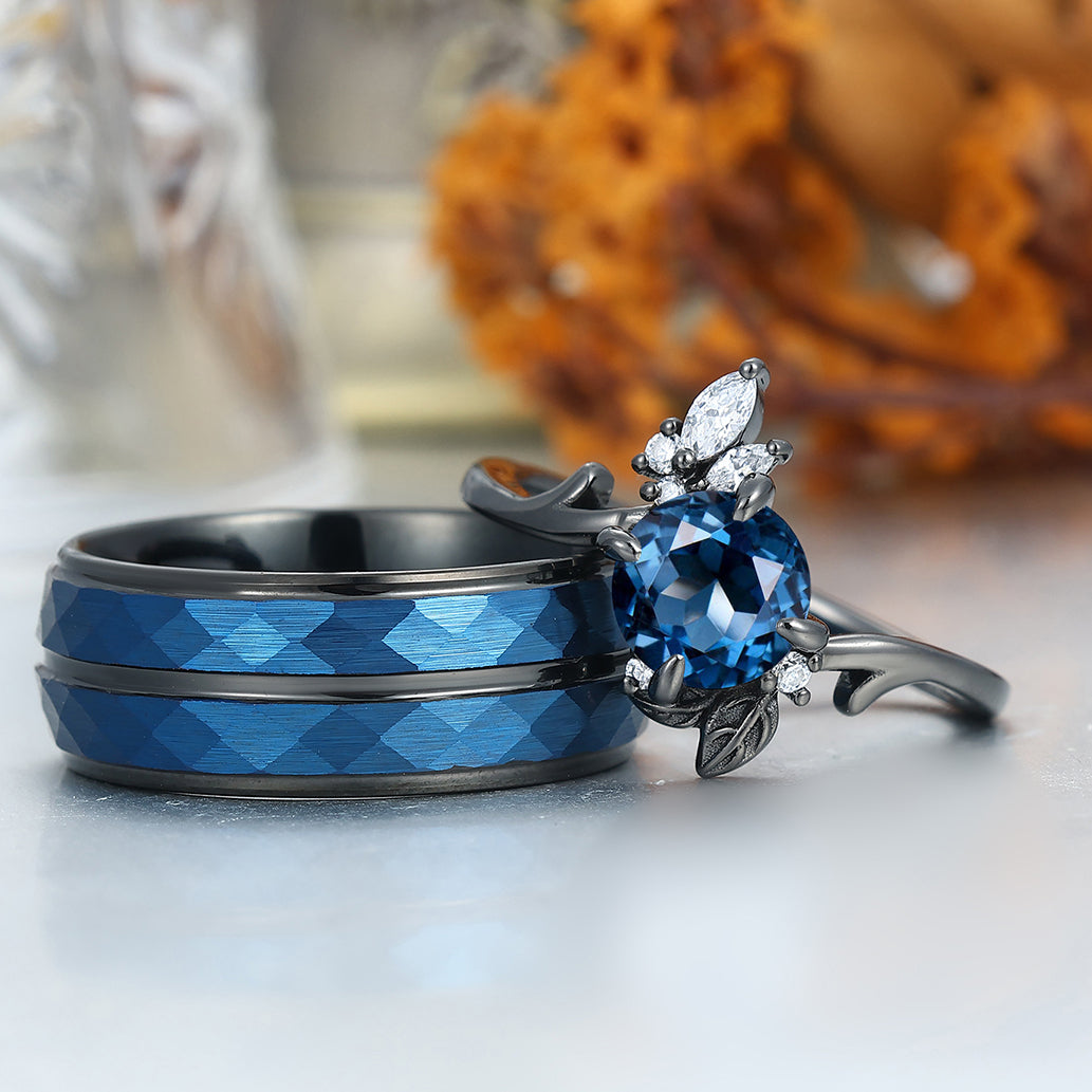 Dainty London Blue Topaz Engagement Couple Rings Blue Personalized Couples' Set Marriage Ring