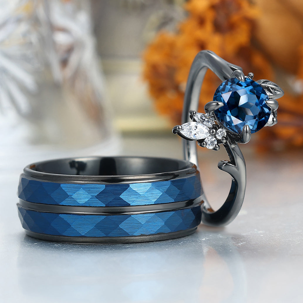 Dainty London Blue Topaz Engagement Couple Rings Blue Personalized Couples' Set Marriage Ring