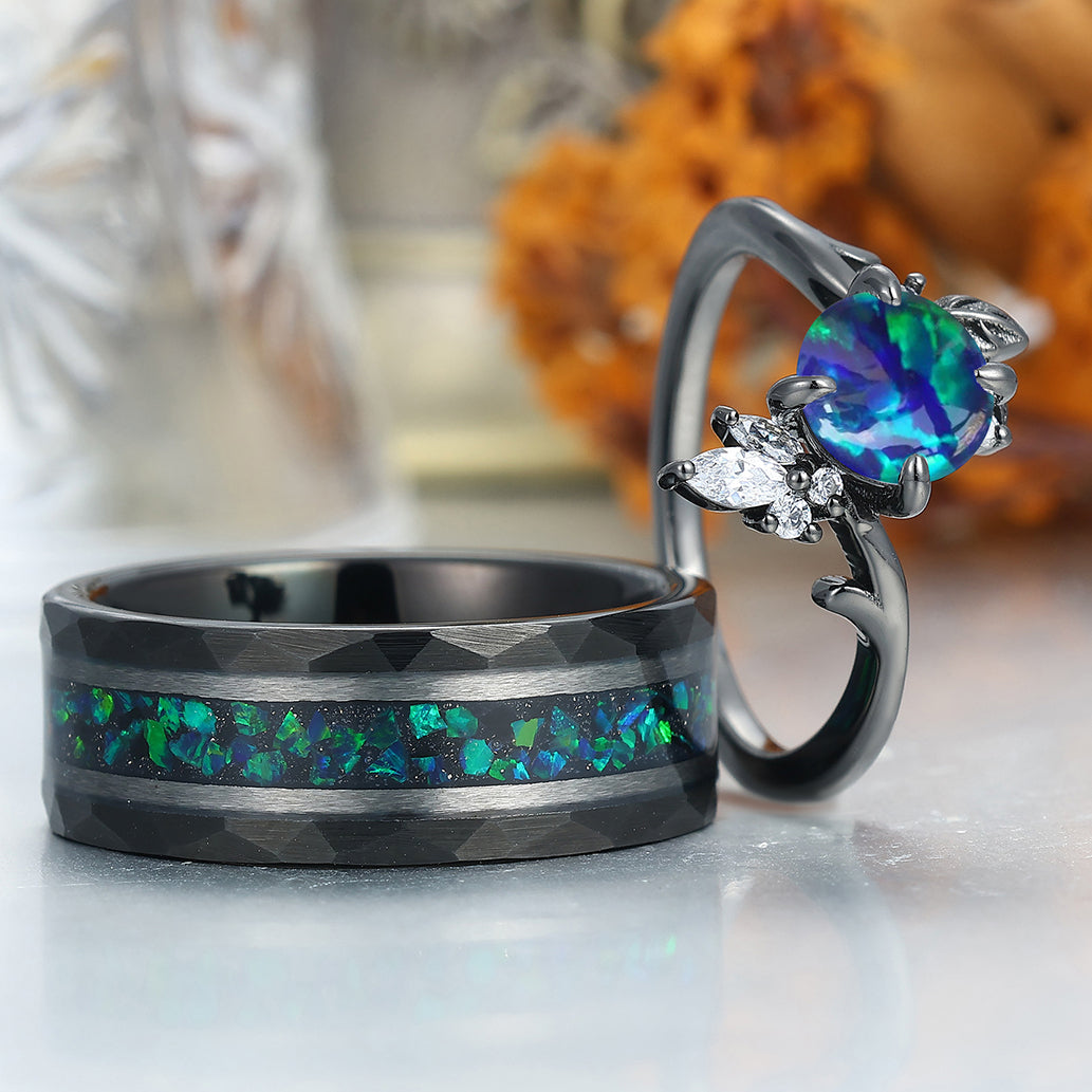 Floral Design Peacock Green Opal His And Hers Wedding Band S925 And Tungsten Anniversary Marriage Band