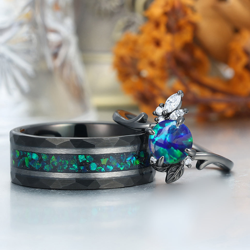 Floral Design Peacock Green Opal His And Hers Wedding Band S925 And Tungsten Anniversary Marriage Band