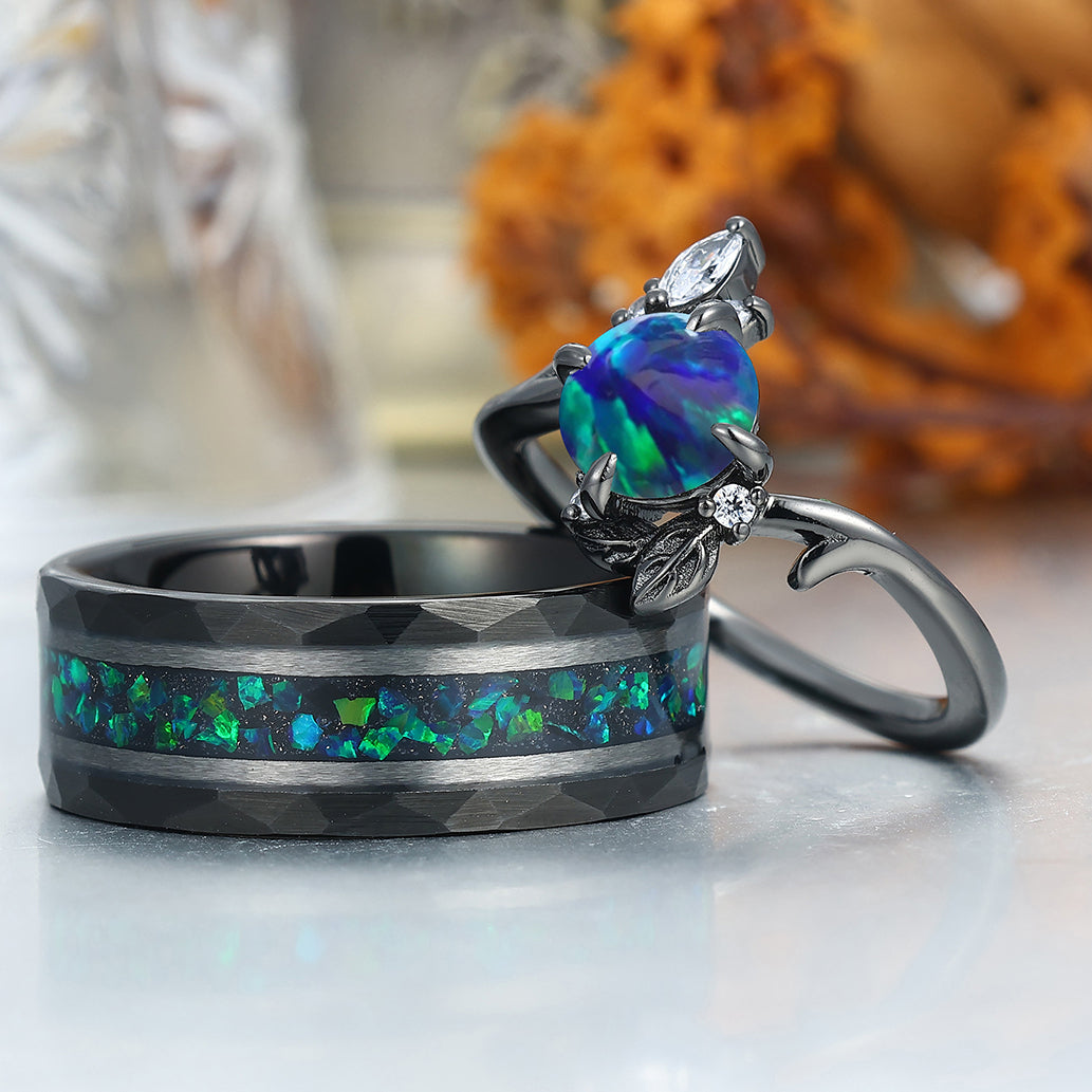 Floral Design Peacock Green Opal His And Hers Wedding Band S925 And Tungsten Anniversary Marriage Band