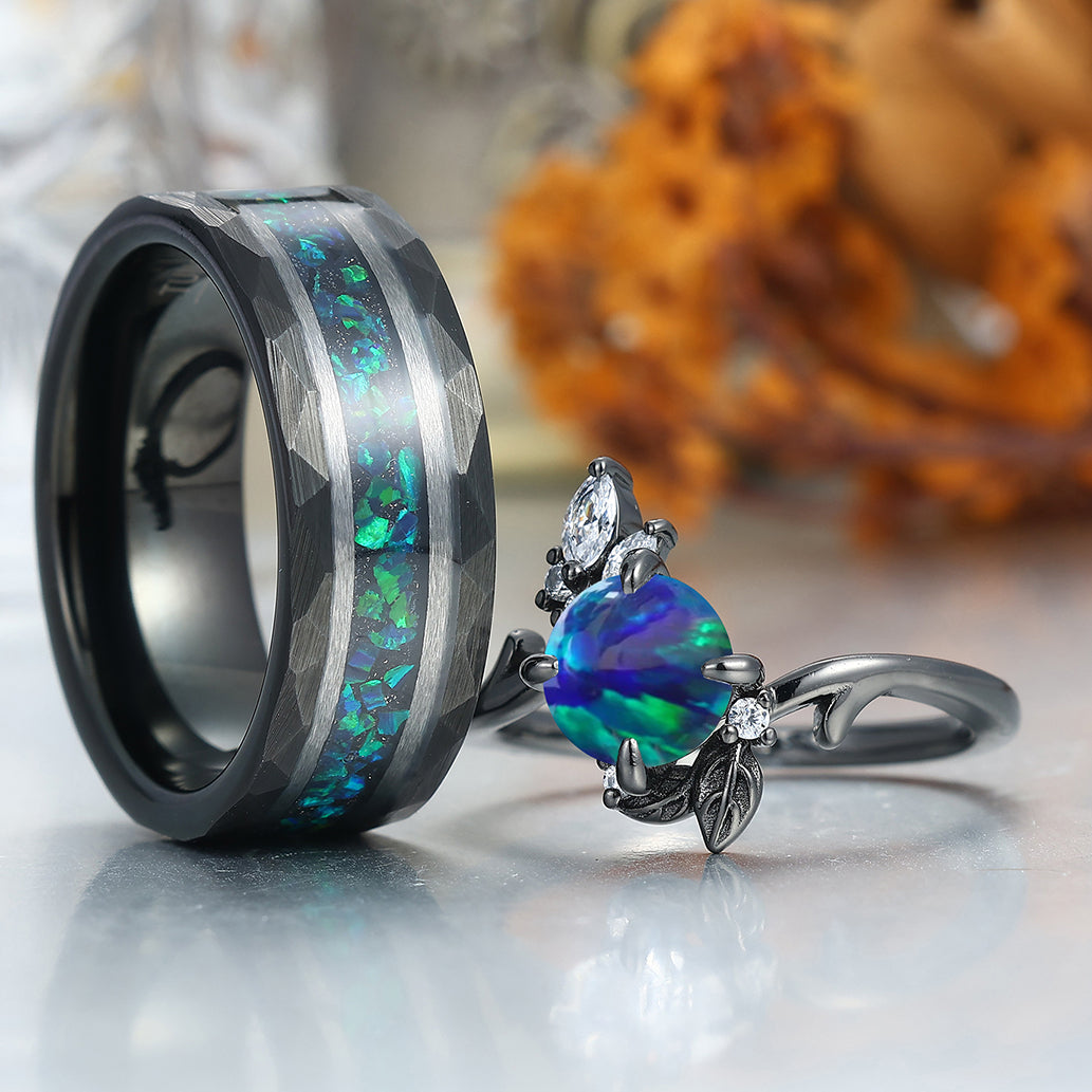 Floral Design Peacock Green Opal His And Hers Wedding Band S925 And Tungsten Anniversary Marriage Band
