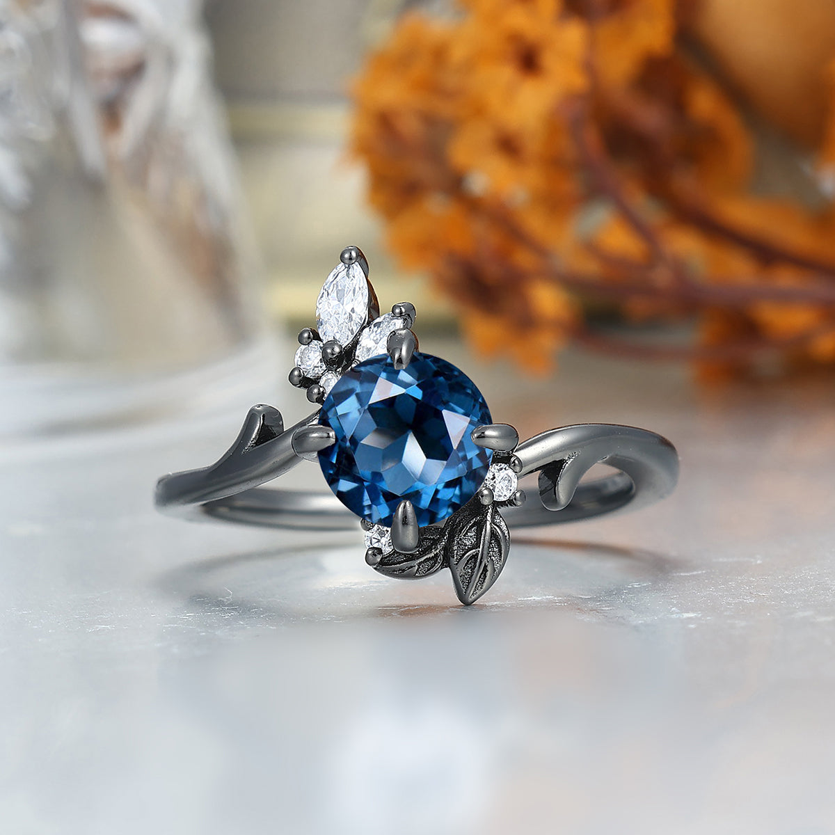 Dainty London Blue Topaz Engagement Couple Rings Blue Personalized Couples' Set Marriage Ring