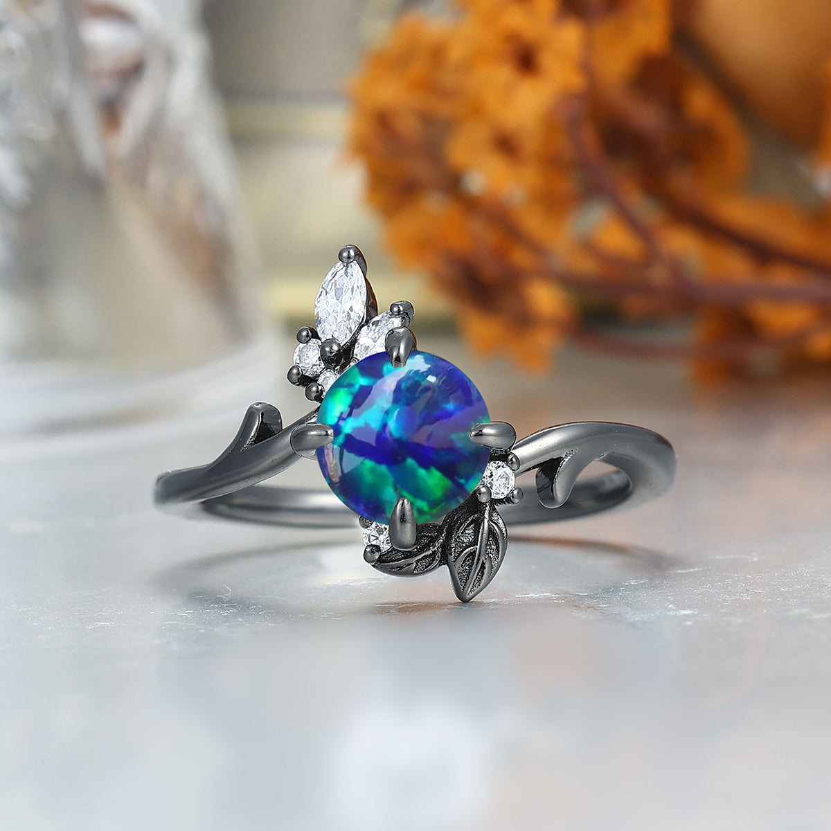 Floral Design Peacock Green Opal His And Hers Wedding Band S925 And Tungsten Anniversary Marriage Band