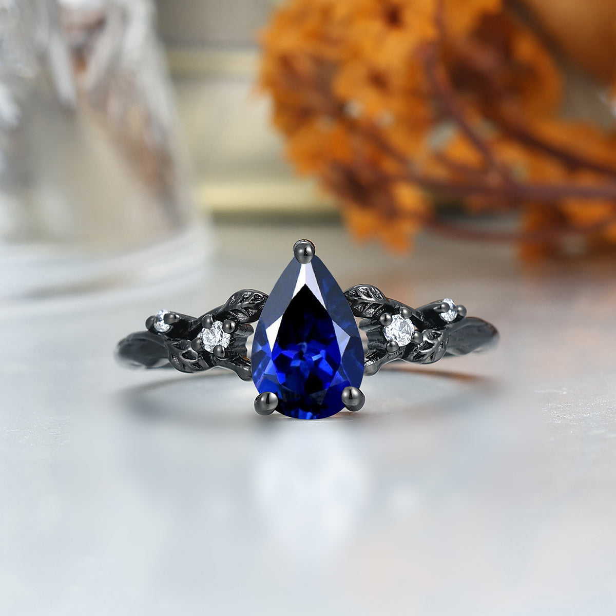 Gorgeous Sapphire Branch Leaf Engagement Couple Rings Hammered Promise Tungsten Wedding Rings