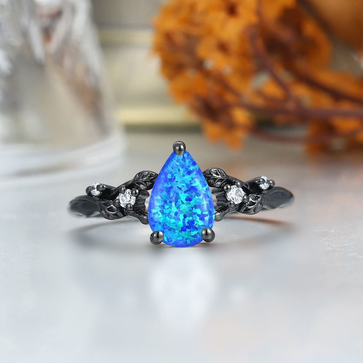 Exquisite Blue Opal Stem Design Engagement Couple Rings Personalized Blue Couples' Set
