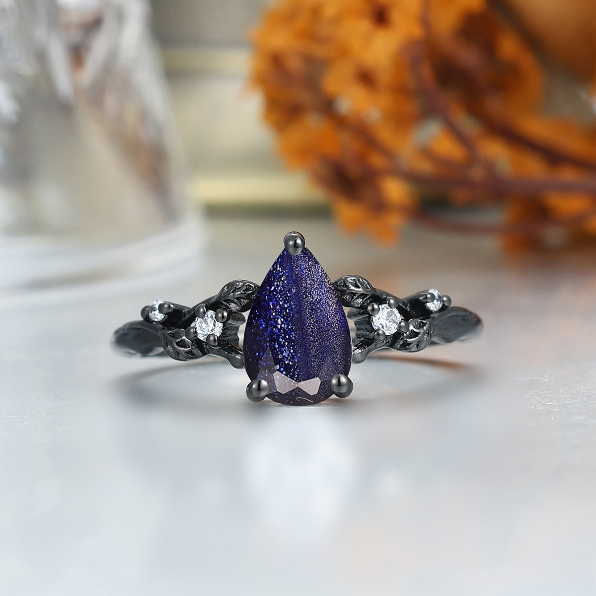 Aglisten Pear Shape Galaxy Sandstone Couple Rings 925 Sterling Silver And Tungsten Matching Ring