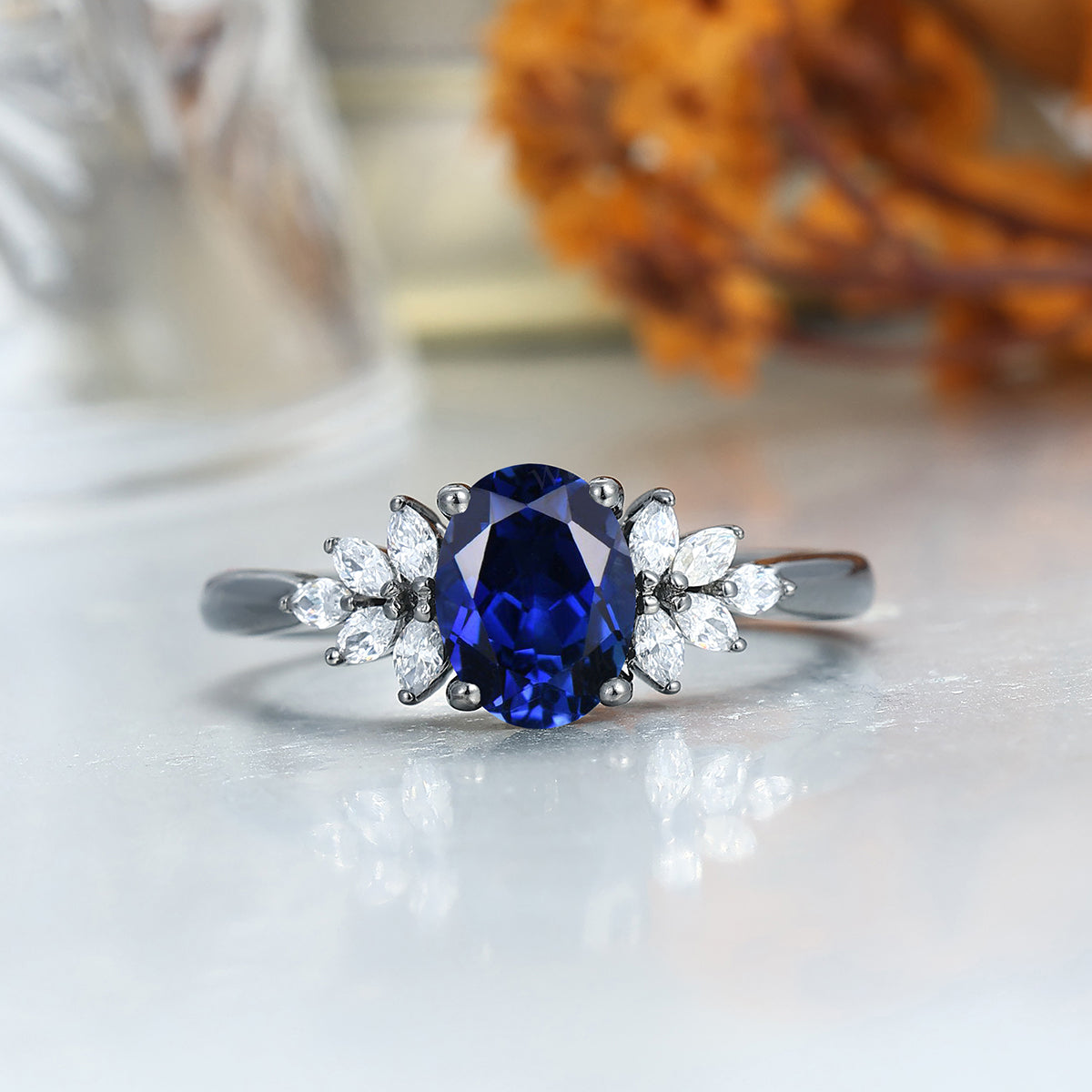 Oval Cut Sapphire Petal Design Couple Rings Promise Black Plated His And Hers Wedding Band