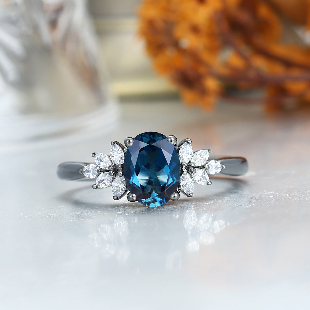 Exquisite London Blue Topaz Engagement Couple Rings Modern Blue Tungsten Hammered Wedding Band