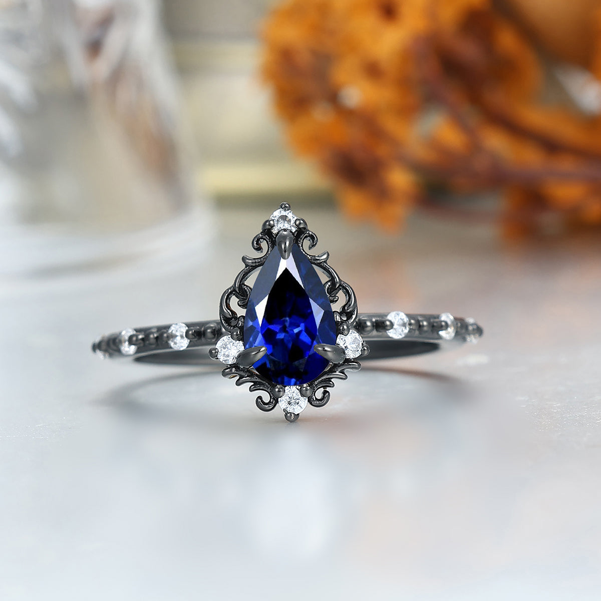 Dainty Pear Cut Sapphire Engagement Couple Rings 925 Sterling Silver And Tungsten Matching Ring