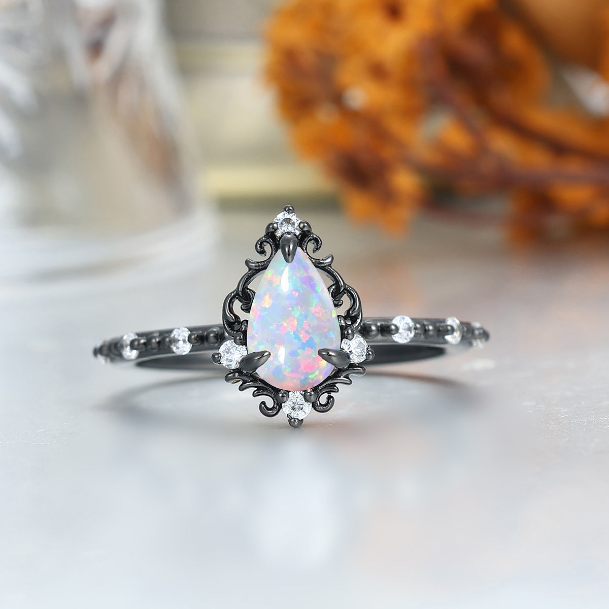Romantic Pink White Opal Filigreed Engagement Couple Rings S925 And Tungsten His And Hers Wedding Band