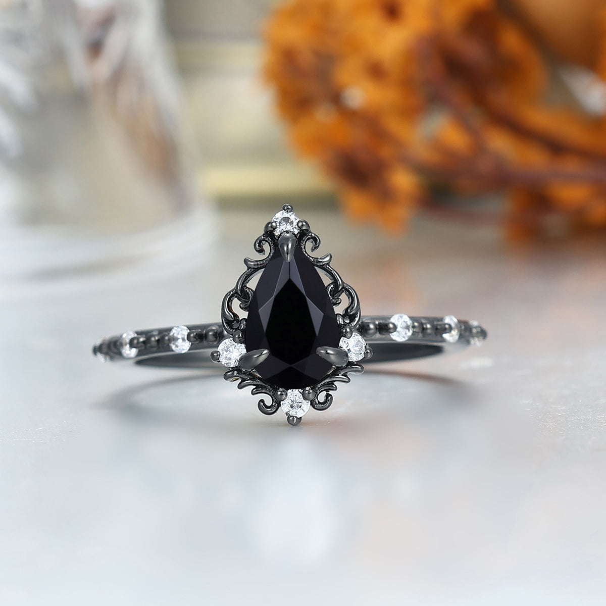 Filigreed Natural Black Onyx Engagement Rings For Couples Modern Hammered Anniversary Wedding Band