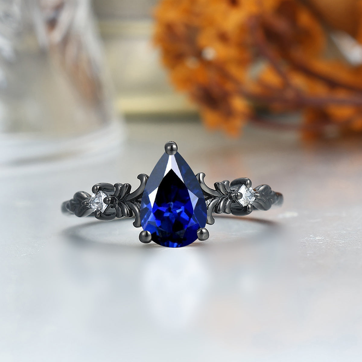 Dainty Pear Shape Sapphire Vine Engagement Couple Rings Marriage Ring Wedding Ring Set