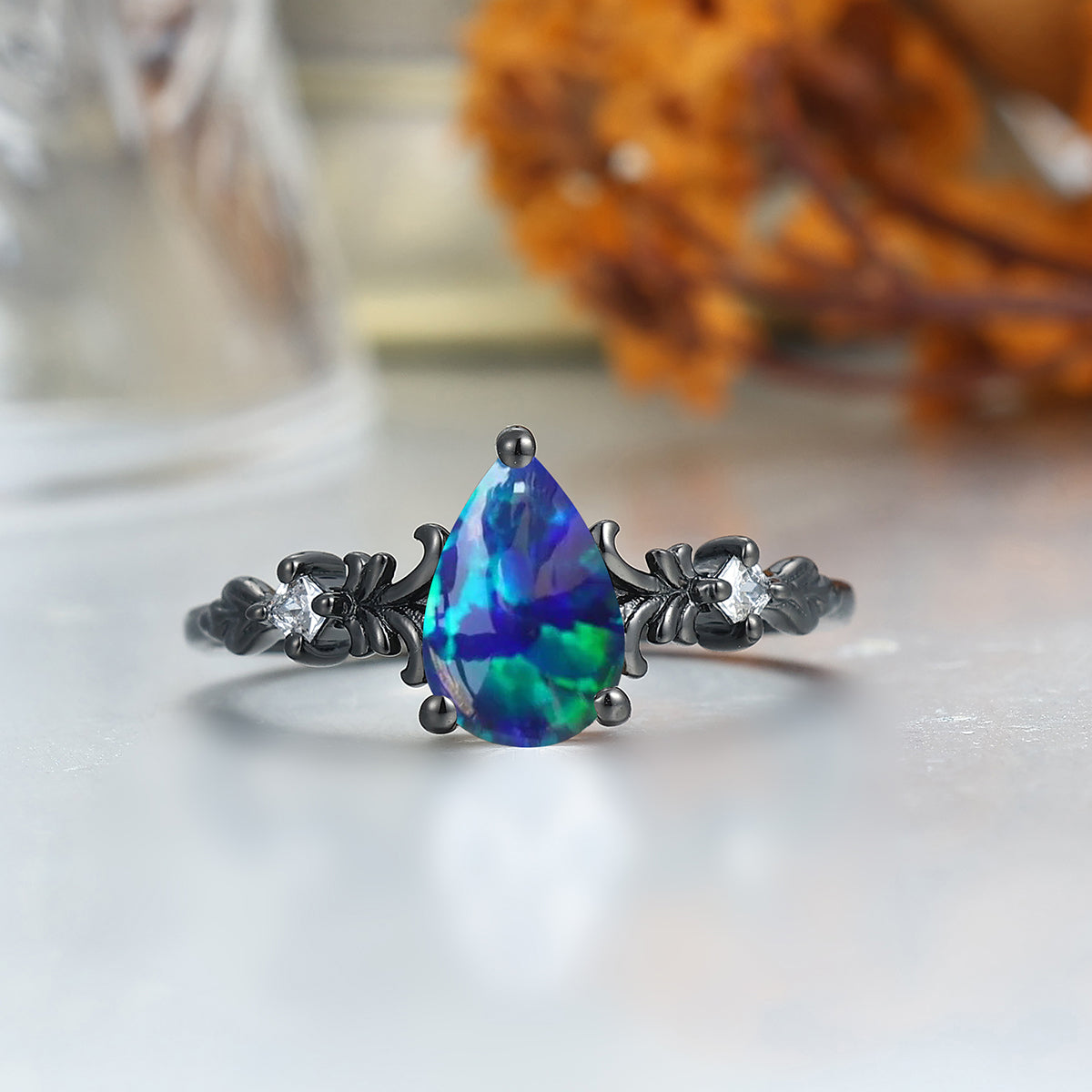 Alternative Filigreed Peacock Green Opal His And Hers Wedding Bands Promise Rings For Couples