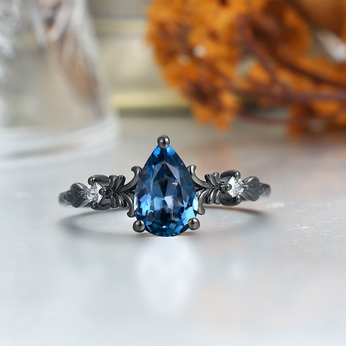 Pear Cut London Blue Topaz Couple Rings Promise Blue Anniversary His And Hers Wedding Band