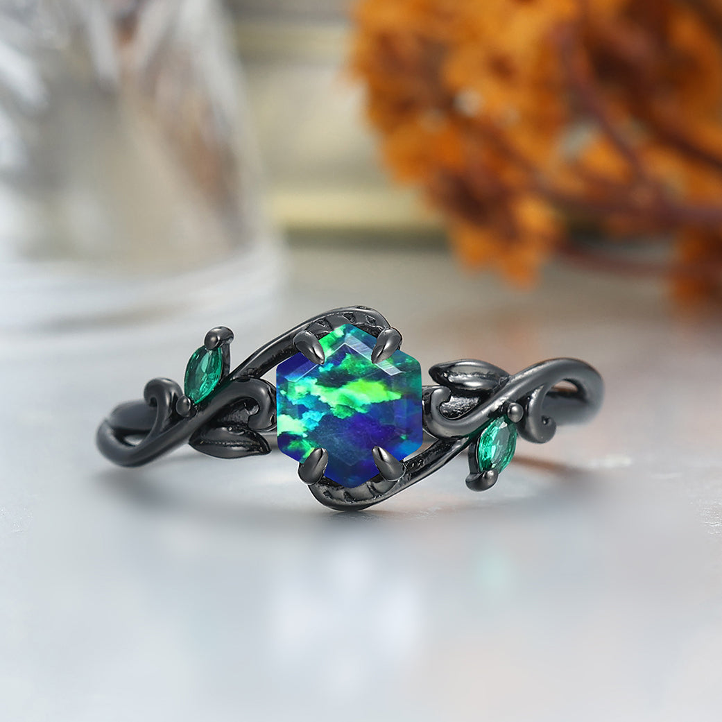 Hexagon Cut Peacock Green Opal Branches Couple Rings Hammered His And Hers Wedding Band