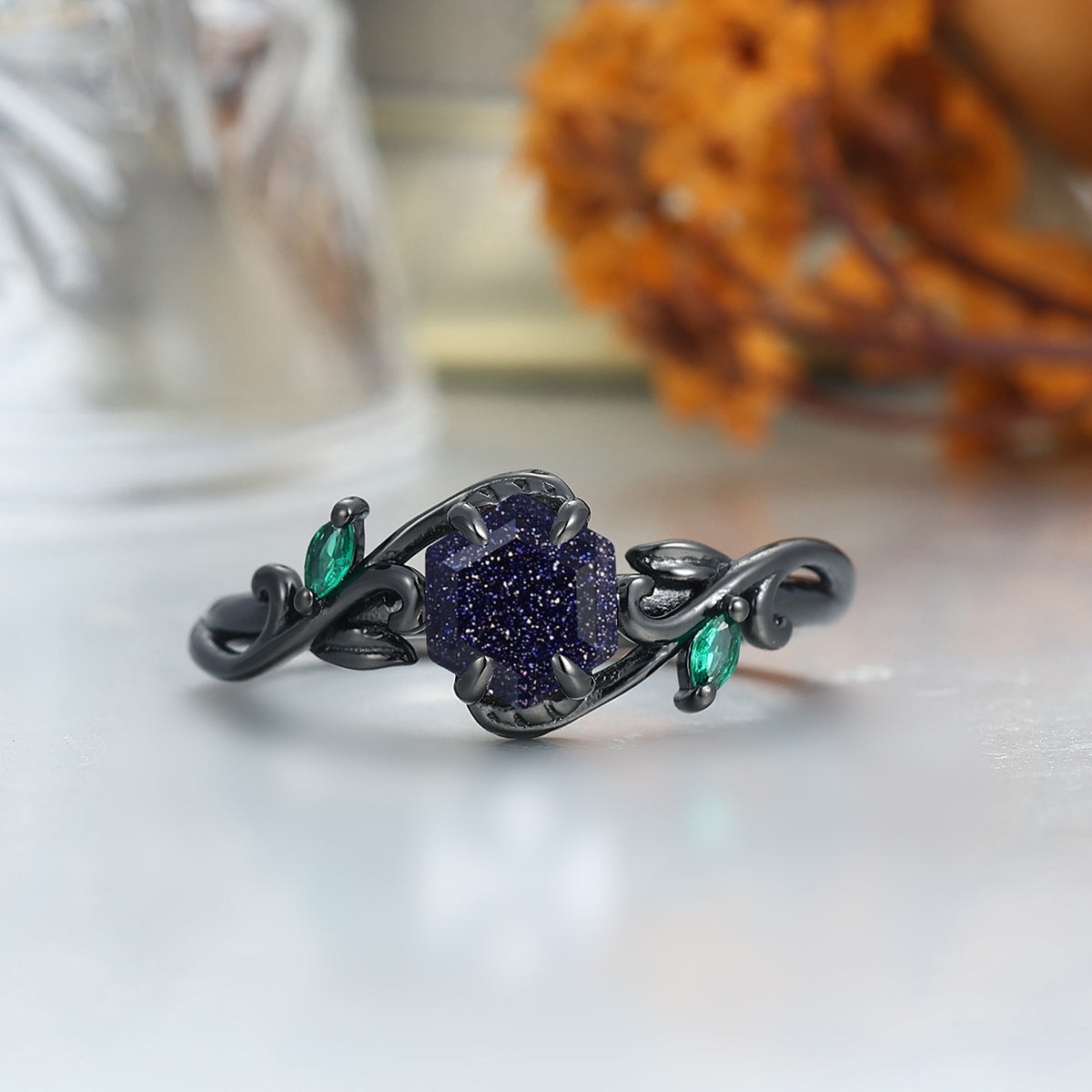 Unique Blue Sanstone Twigs Engagement Couple Rings Modern Black Tungsten Wedding Band