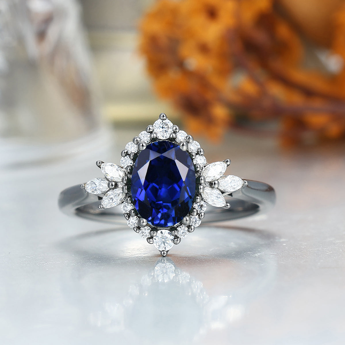 Noble Blue Sapphire Couple Rings Deco Milgrain Moissanite Floral Rings Blue Hammered Tungsten Ring