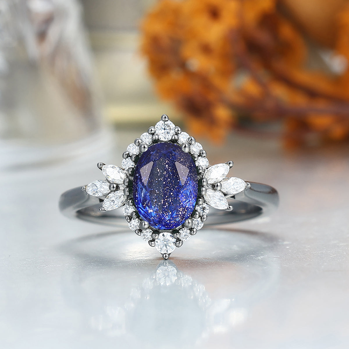 Romantic Galaxy Sandstone Engagement Couple Rings Promise Blue Hammered Tungsten Ring