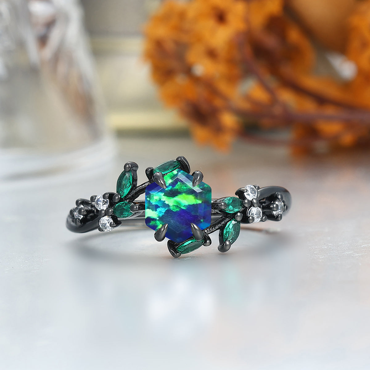 Exquisite Peacock Green Opal Engagement Couples Ring Promise Black Matching Wedding Bands Marriage Rings