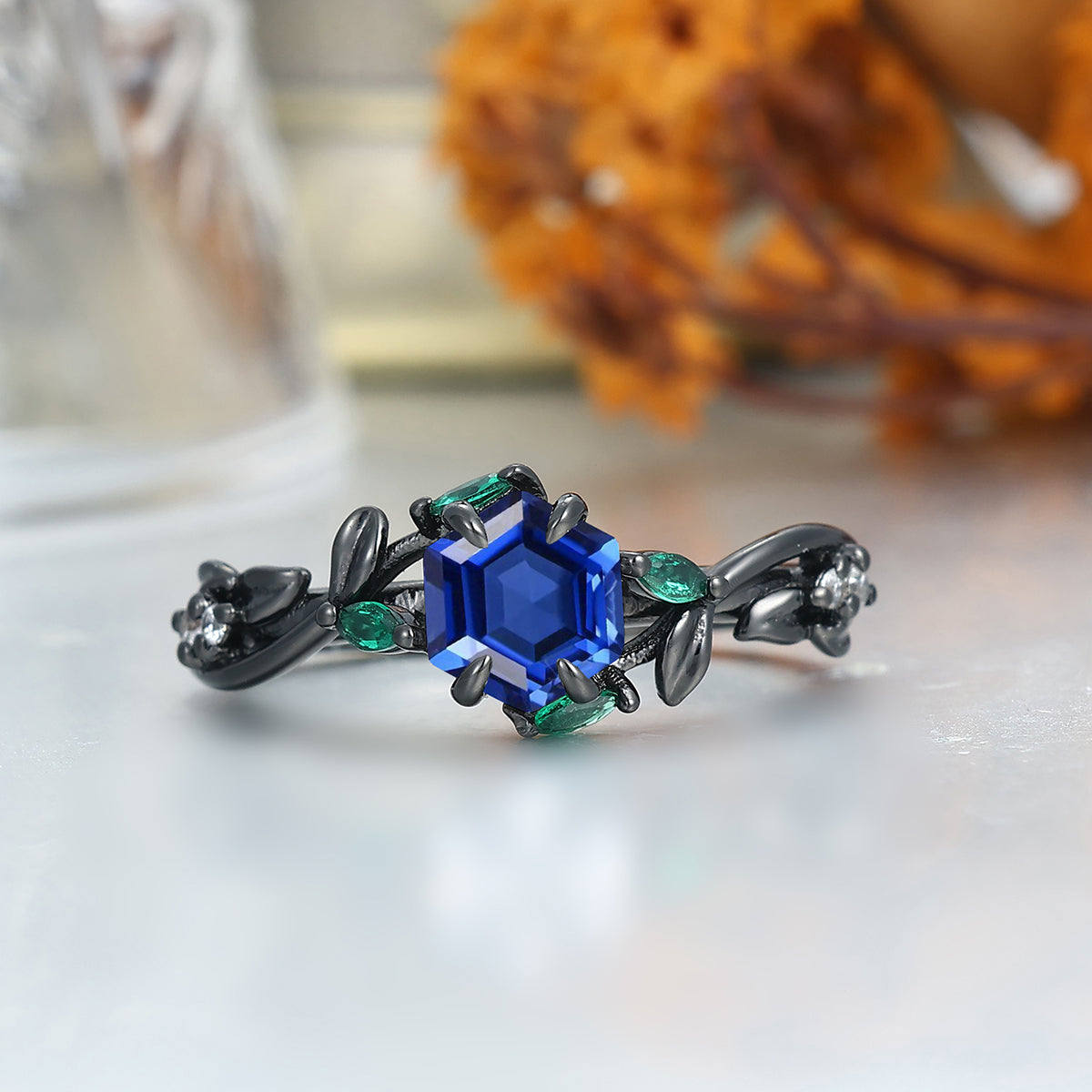 Unique Sapphire Engagement Leaves Couple Rings Black Plated Matching His And Hers Wedding Bands