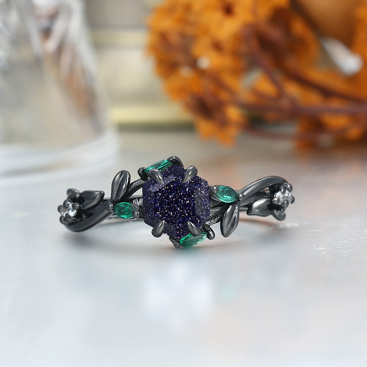 Art Deco Blue Sanstone Twigs Engagement Couple Rings Set Matching Black Tungsten Wedding Band