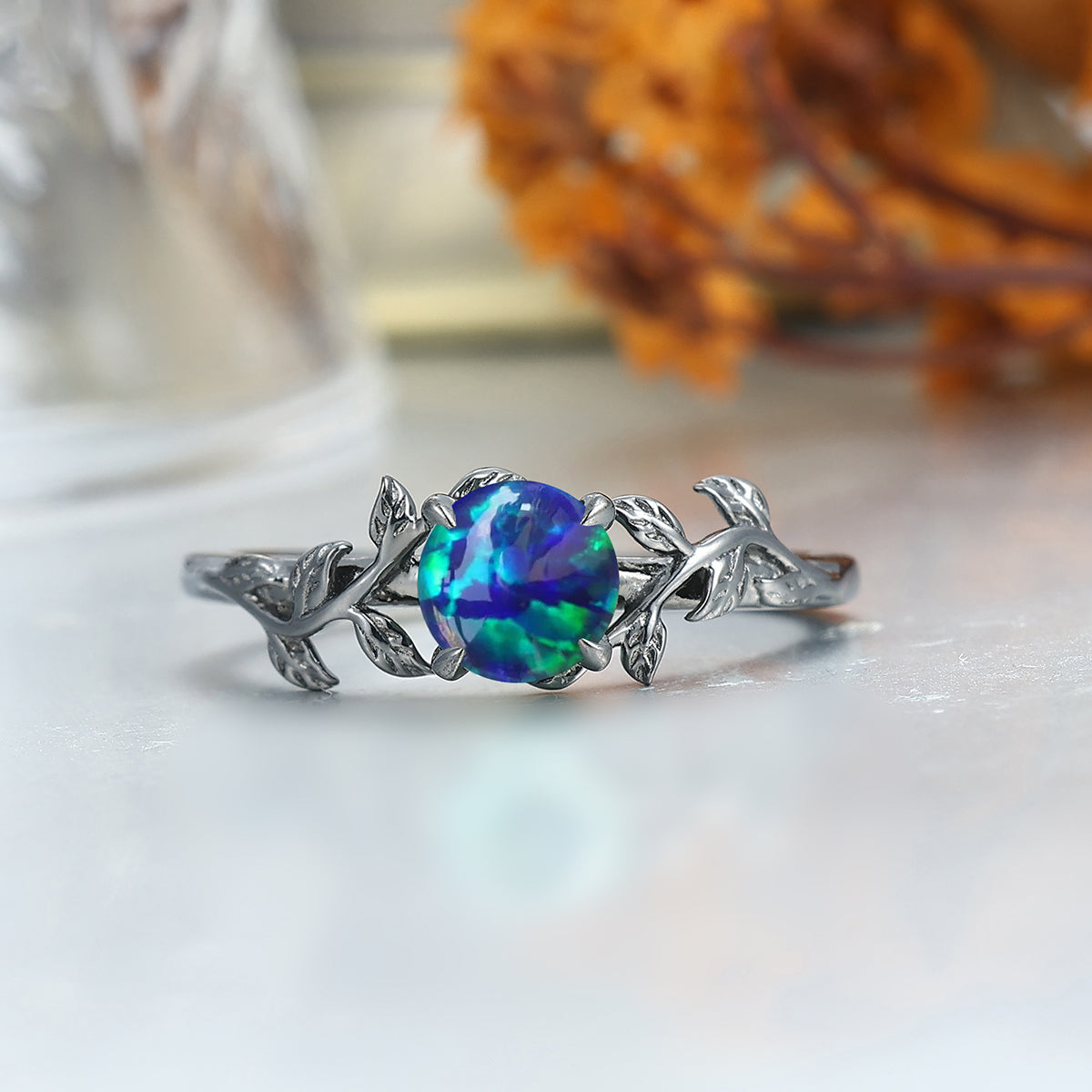 Leaf Design Peacock Green Opal Engagement Couples Ring Set S925 And Hammered Tungsten Ring