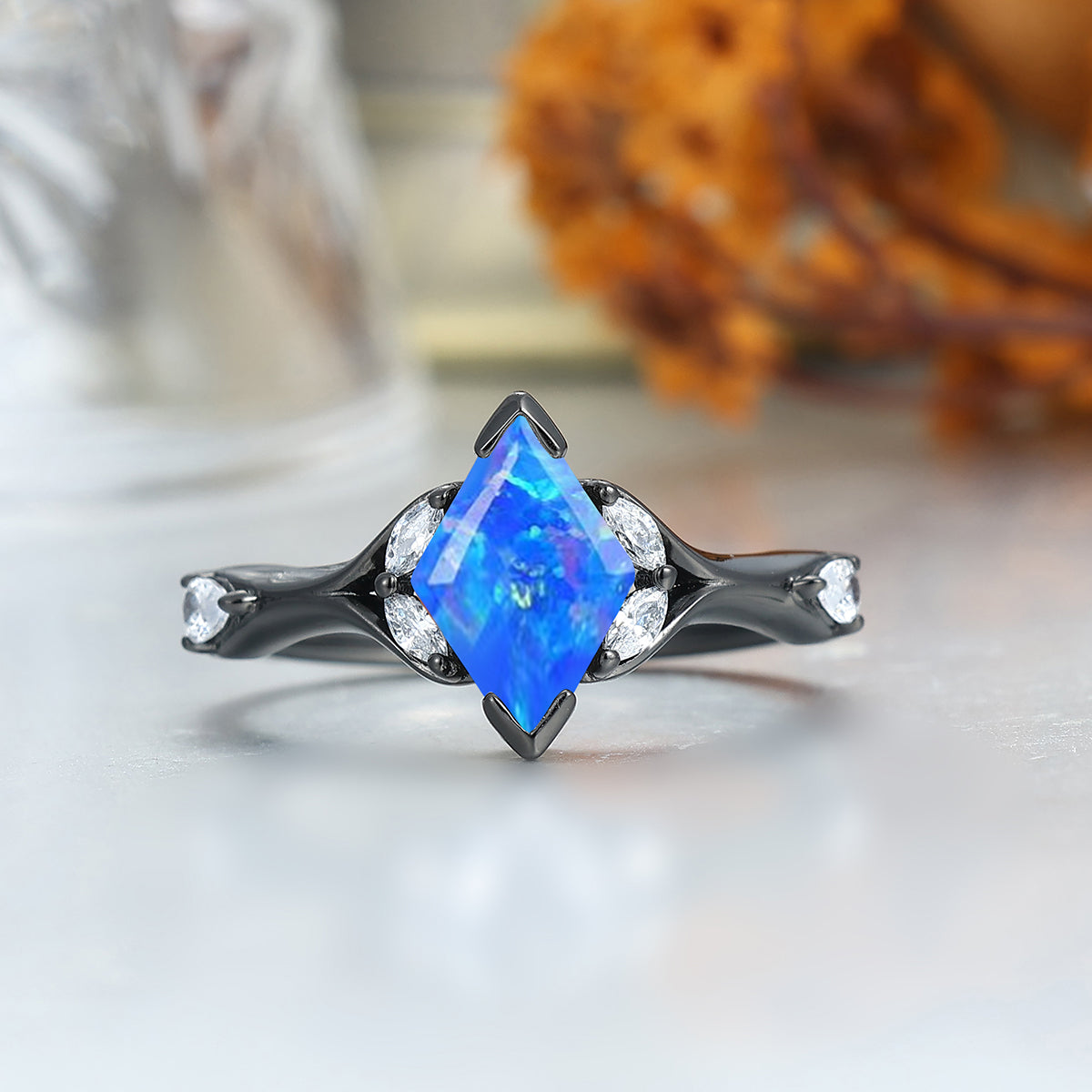 Stylish 2CT Rhombus Blue Opal His And Her Wedding Bands Matching Aglisten Personalized Couples' Set