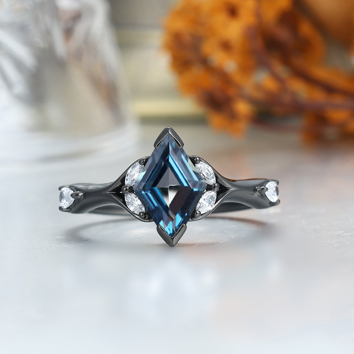 Stylish Rhombus London Blue Topaz Curved Rings For Couples Promise His And Hers Matching Wedding Band