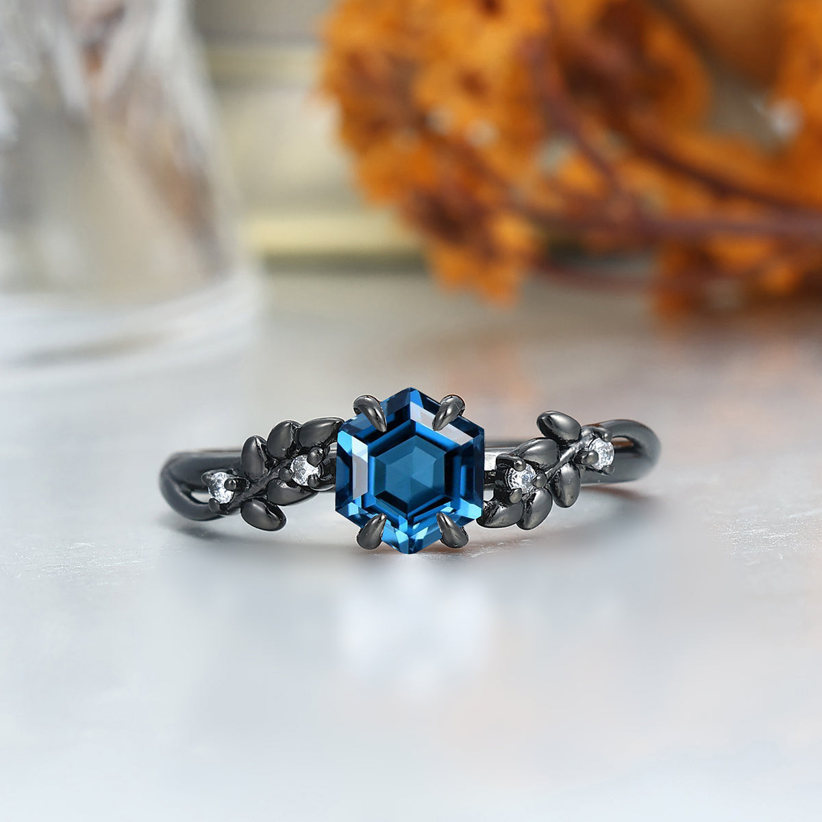 Hexagon Cut London Blue Topaz Wheat Design Couple Rings S925 And Tungsten Wedding Band