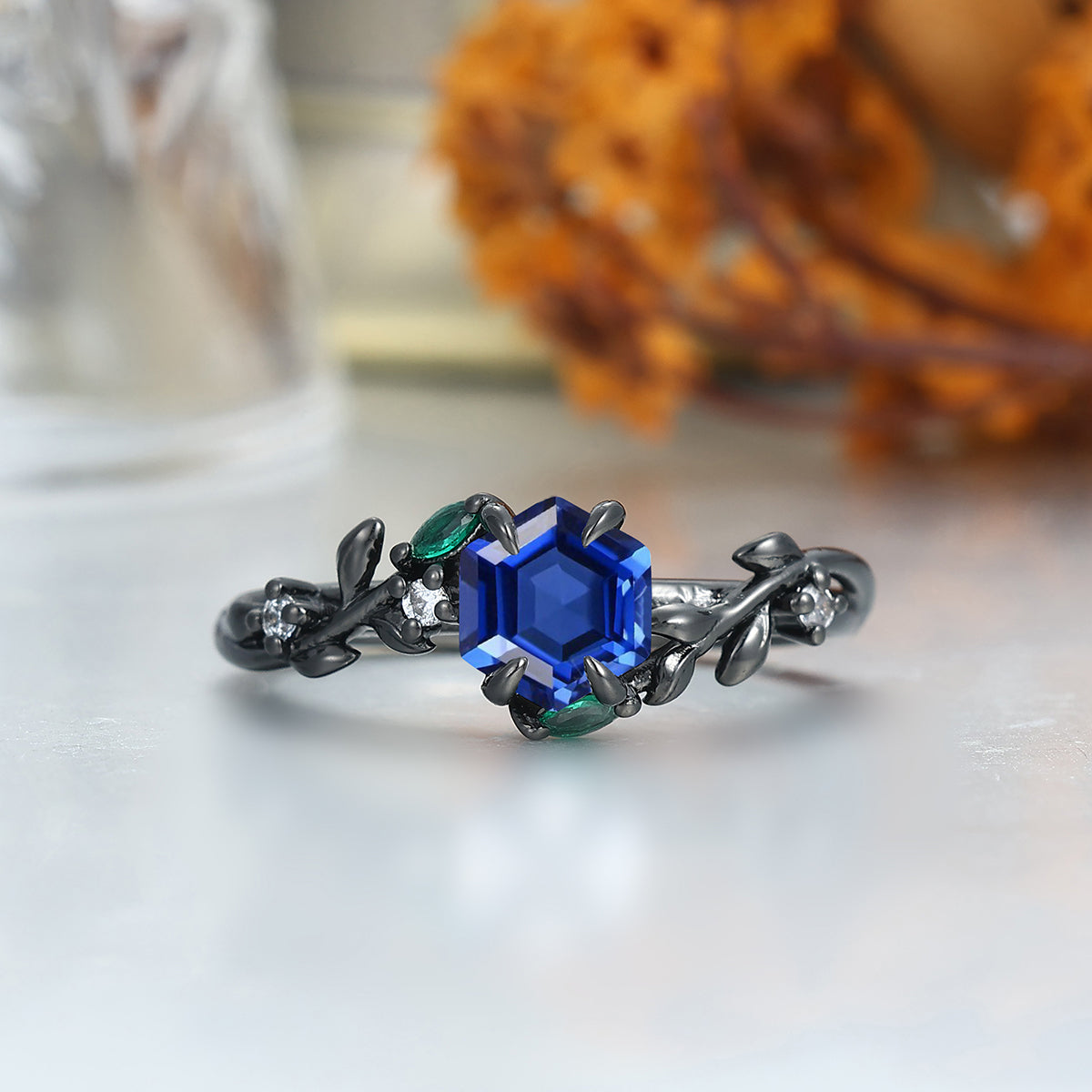 Artsy Sapphire Wheat Ear Motif Couple Rings Unique Polished Dome Tungsten Wedding Band