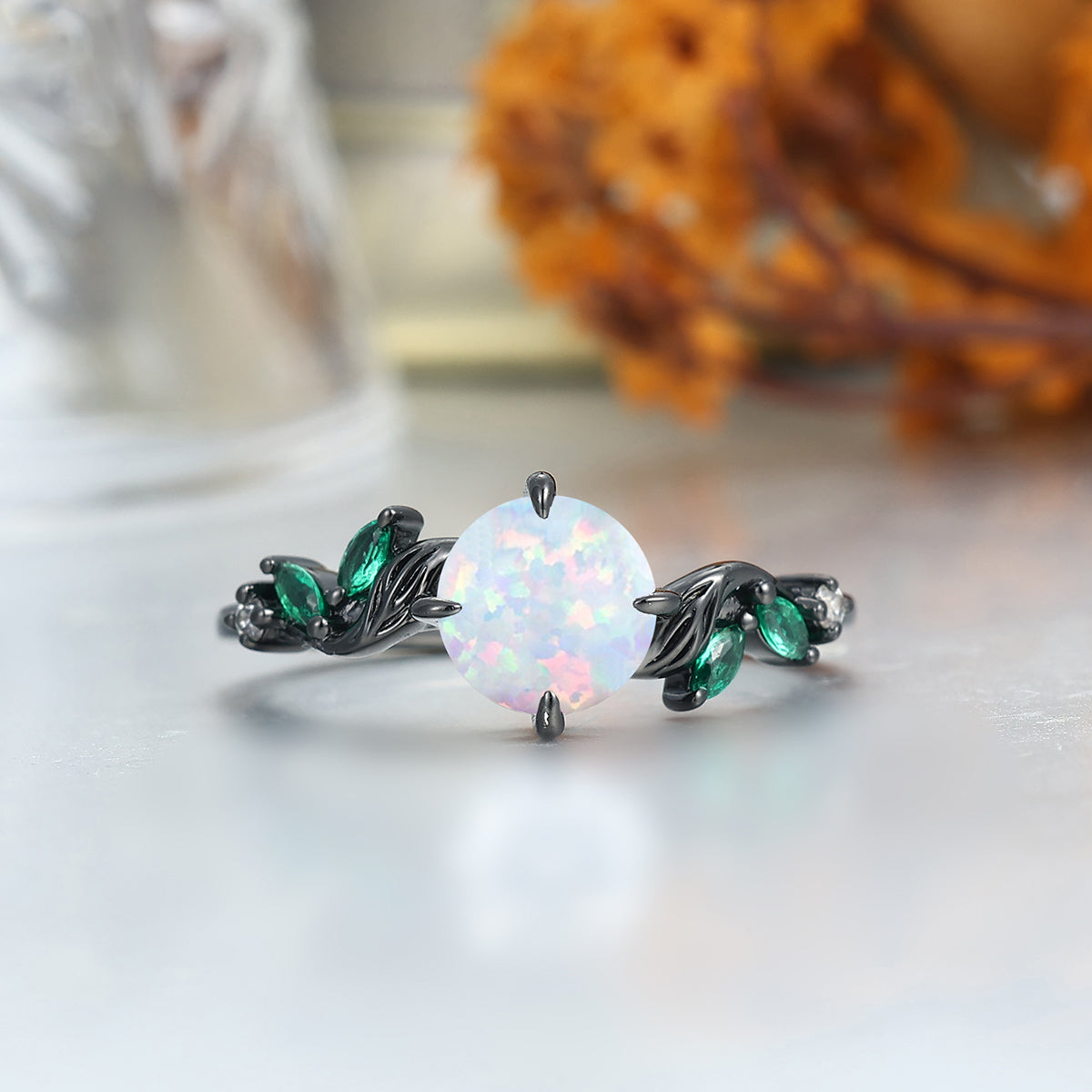Unique Leaf Design Pink White Opal Engagement Couple Rings Personalized Anniversary Wedding Band
