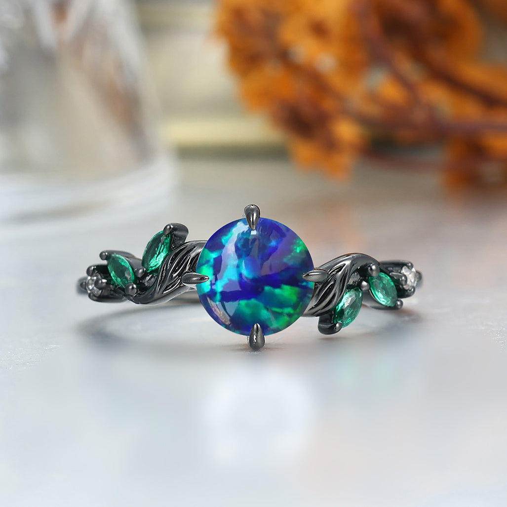 Stylish Round Shape Peacock Green Opal Engagement Rings For Couples His And Hers Marriage Ring