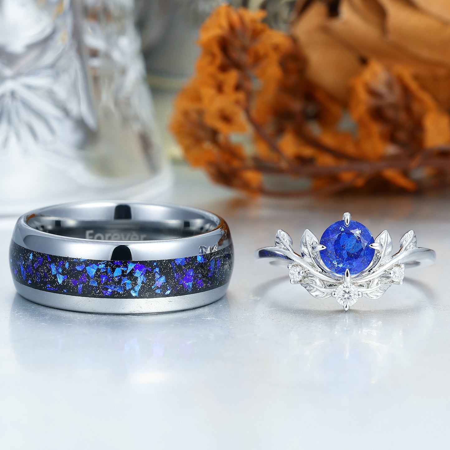 Aglisten Round Cut Galaxy Sandstone Leaf Design Couple Rings Matching Polished Dome Tungsten Ring