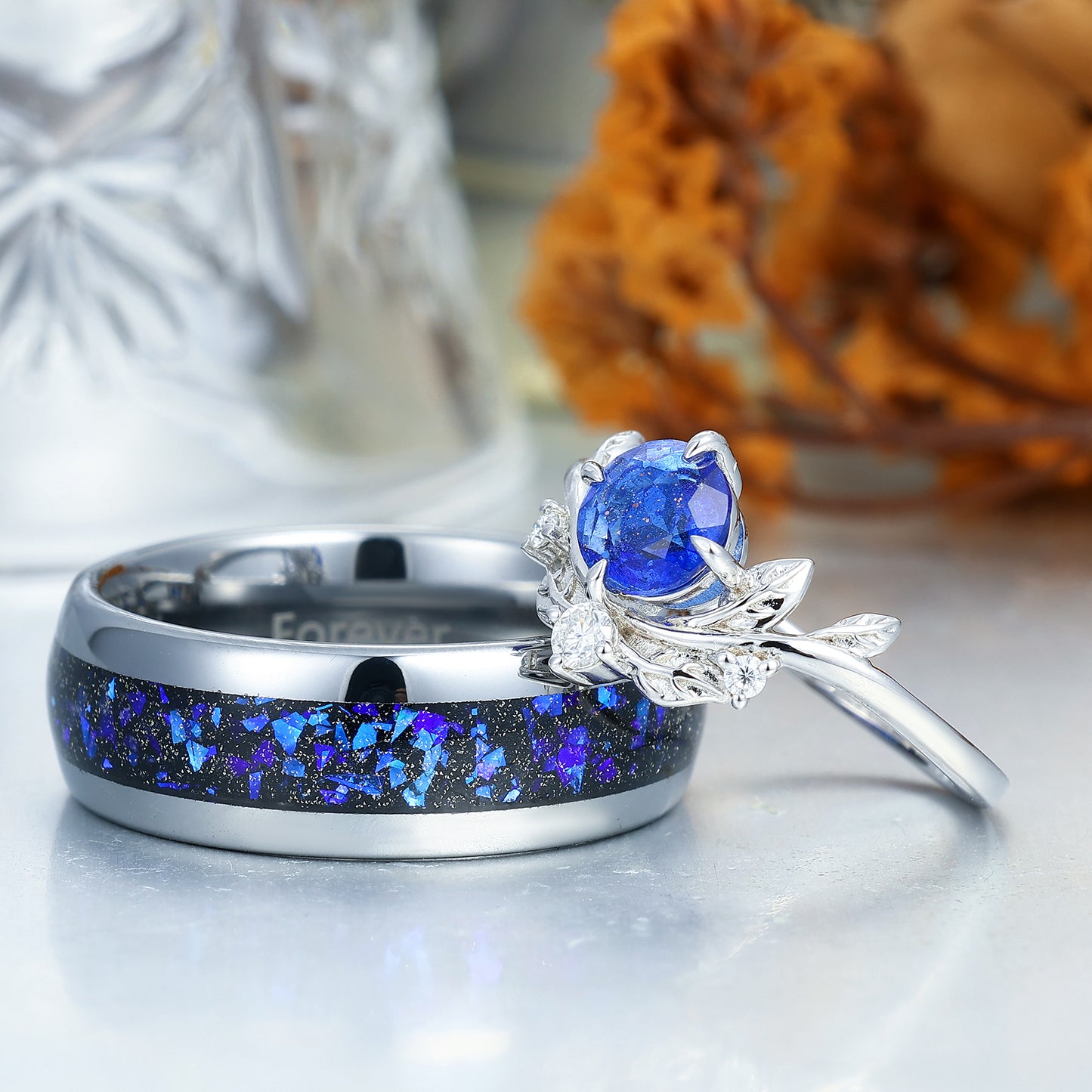 Aglisten Round Cut Galaxy Sandstone Leaf Design Couple Rings Matching Polished Dome Tungsten Ring