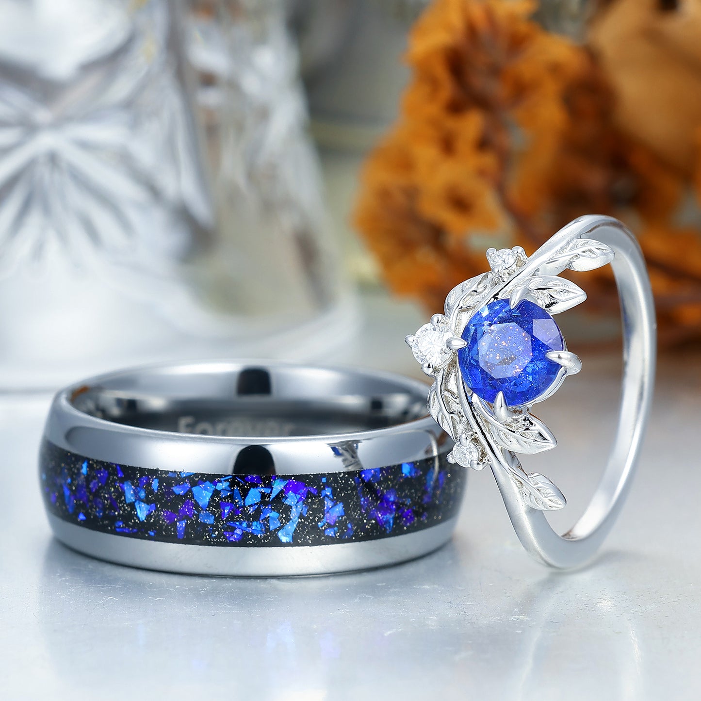 Aglisten Round Cut Galaxy Sandstone Leaf Design Couple Rings Matching Polished Dome Tungsten Ring