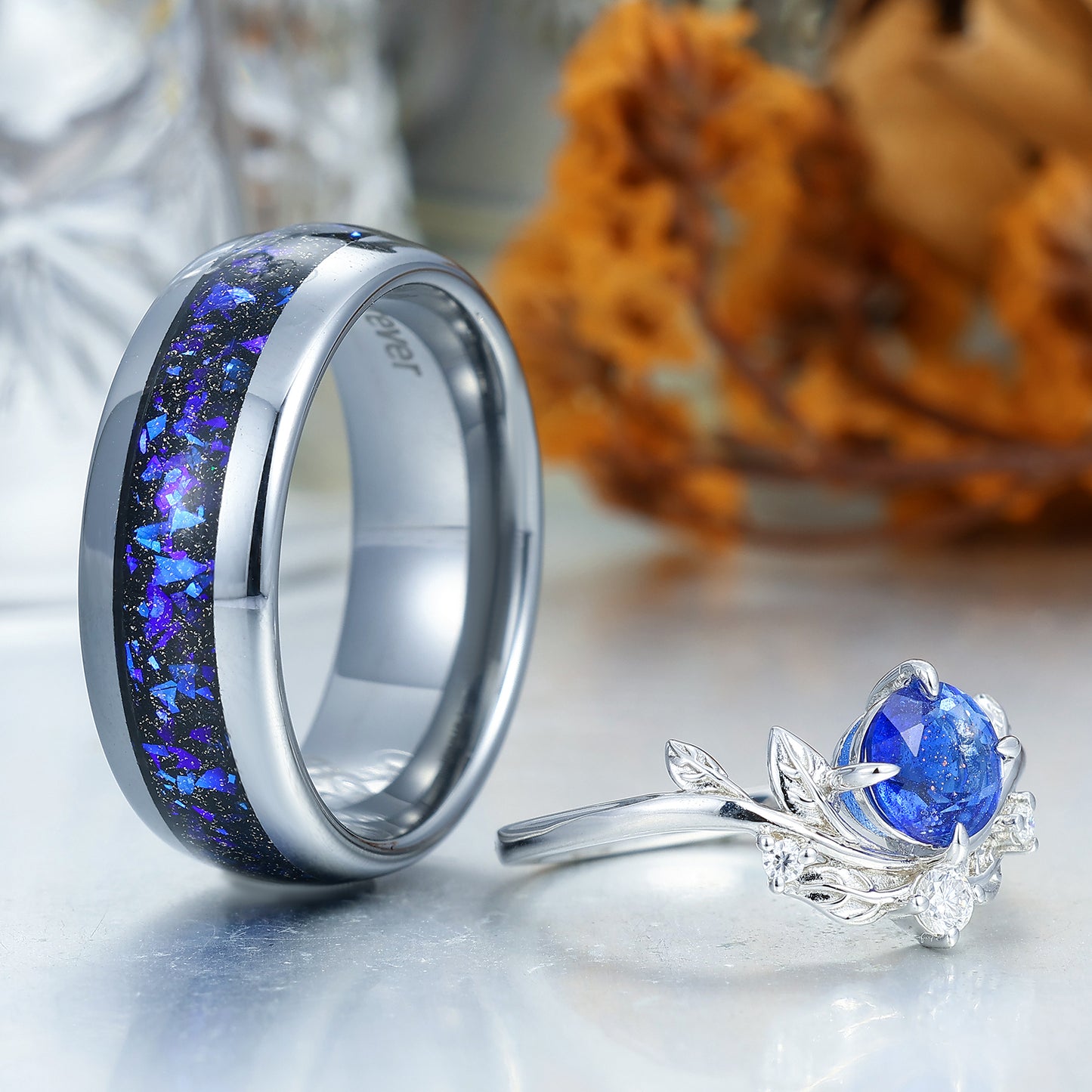 Aglisten Round Cut Galaxy Sandstone Leaf Design Couple Rings Matching Polished Dome Tungsten Ring