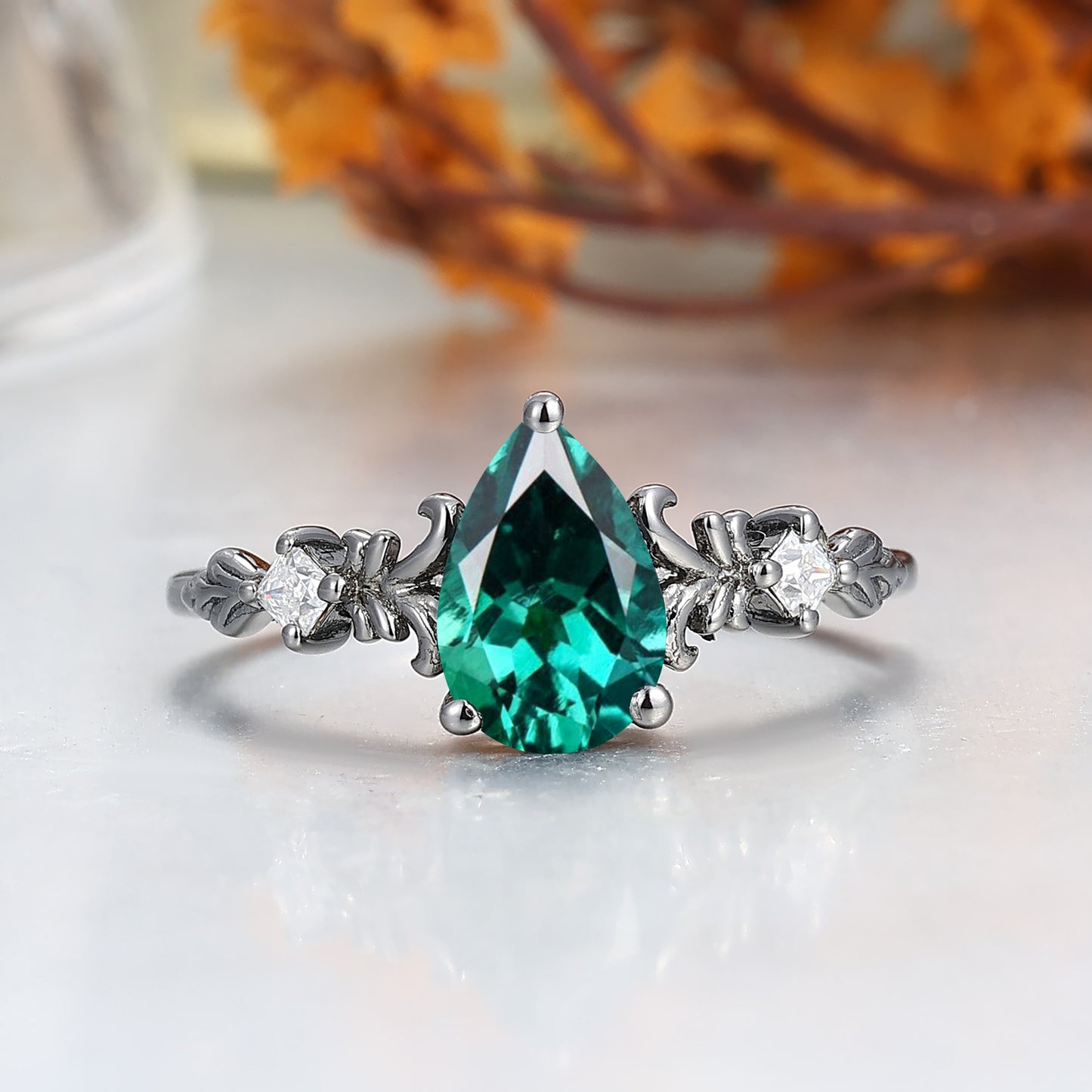 Gorgeous Pear Cut Emerald Couple Rings Green His And Hers Matching Ring Set