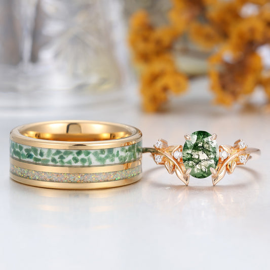 Natural Moss Agate Engraved Leaf Twig Couple Ring Unique Matching Rings Set For Couples