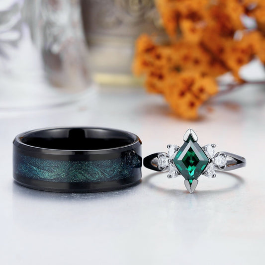 Artsy Rhombus Emerald Petal Couple Rings Matching Unique Tungsten His And Hers Ring
