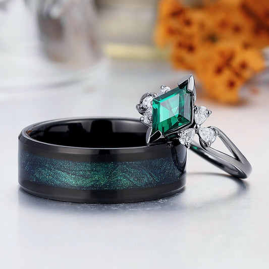 Artsy Rhombus Emerald Petal Couple Rings Matching Unique Tungsten His And Hers Ring