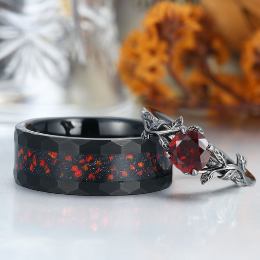 Minimalist 0.8CT Round Cut Natural Red Garnet Leaves Engagement Couples Ring S925 And Tungsten Rings