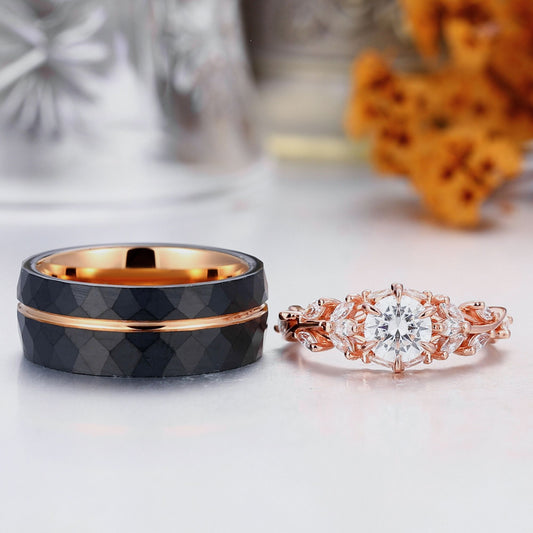 Elegant Moissanite Branch Couple Rings Stylish Tungsten Ring His and Hers Moissanite Ring Set