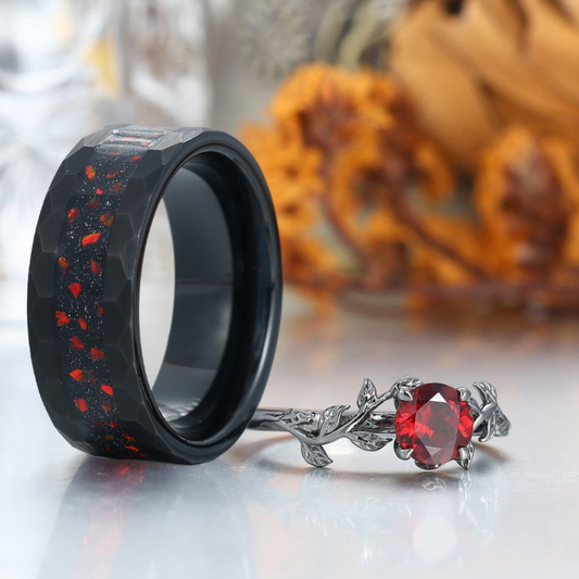 Minimalist 0.8CT Round Cut Natural Red Garnet Leaves Engagement Couples Ring S925 And Tungsten Rings