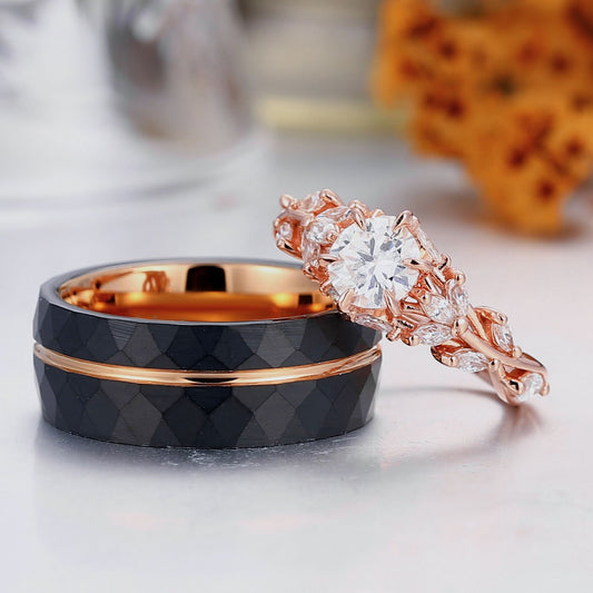 Elegant Moissanite Branch Couple Rings Stylish Tungsten Ring His and Hers Moissanite Ring Set