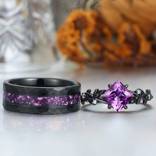 Exquisite Natural Amethyst Leaves Engagement Couple Rings S925 And Tungsten Wedding Bands