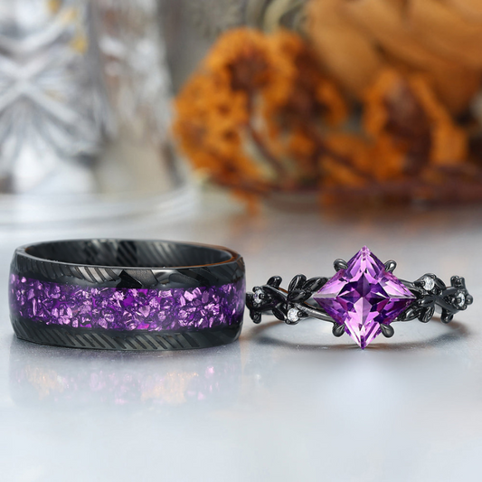Princess Cut Natural Amethyst Leaf Engagement Couples Ring Set Anniversary Wedding Band